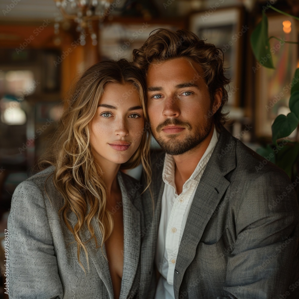 Professional Couple Posing in Stylish Gray Jacket and Suit in Indoor Studio Setting with Potted Pl Professional Couple Posing in Stylish Gray Jacket and Suit in Indoor Studio Setting with Potted Pl