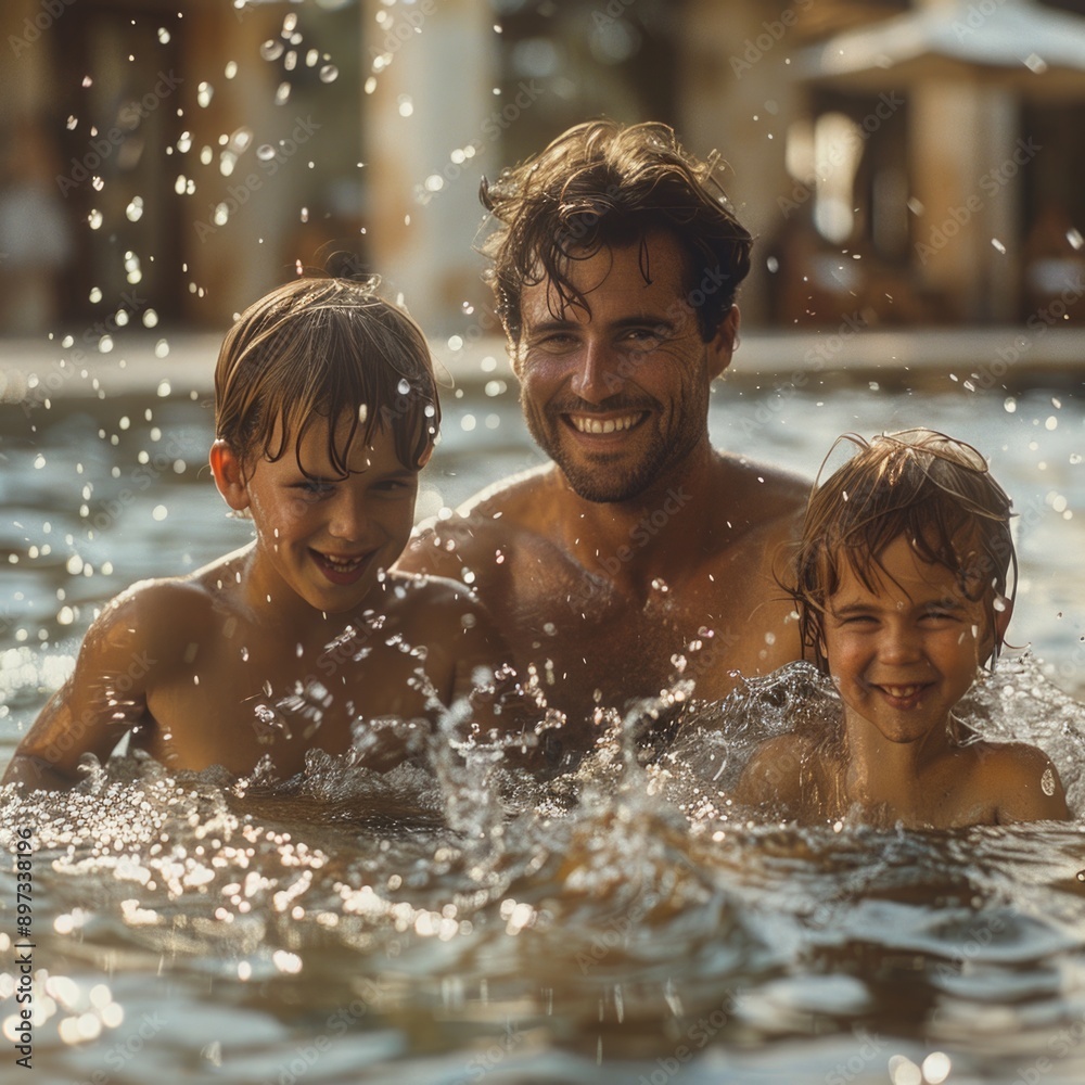 Obraz premium Playful Family Fun: Father and Two Children Splashing Water in Pool on Sunny Day