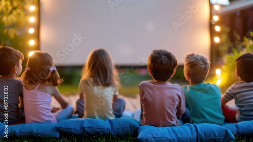 Children Watching Outdoor Movie at Night