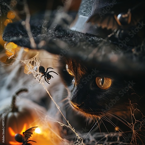 3. A close-up of a witchâ€™s hat next to a black cat with glowing eyes, surrounded by cobwebs and small plastic spiders, creating a creepy Halloween atmosphere photo