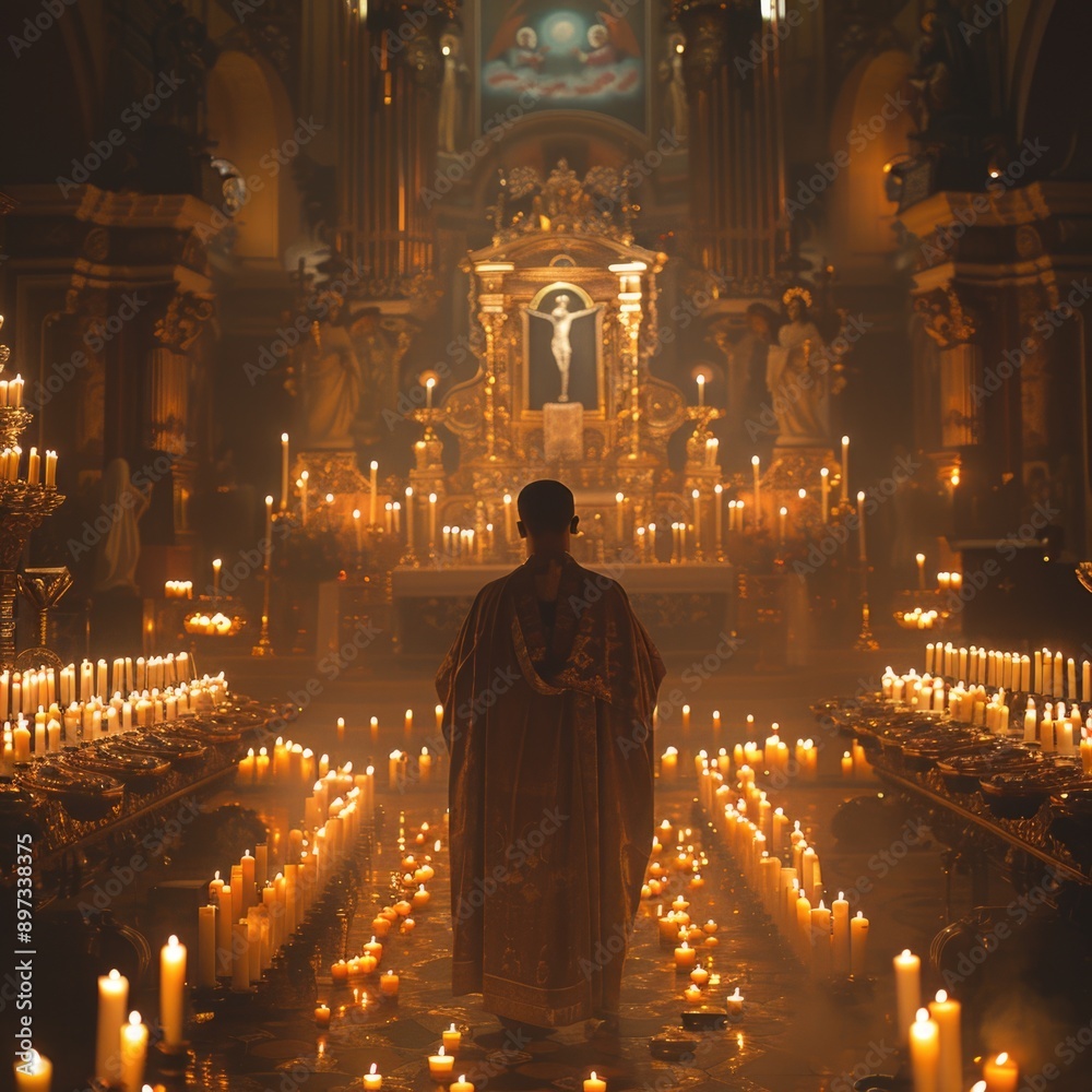 Solemn Figure in Robe Before Church Altar with Lit Candles: Religious Ceremony Preparation Solemn Figure in Robe Before Church Altar with Lit Candles: Religious Ceremony Preparation