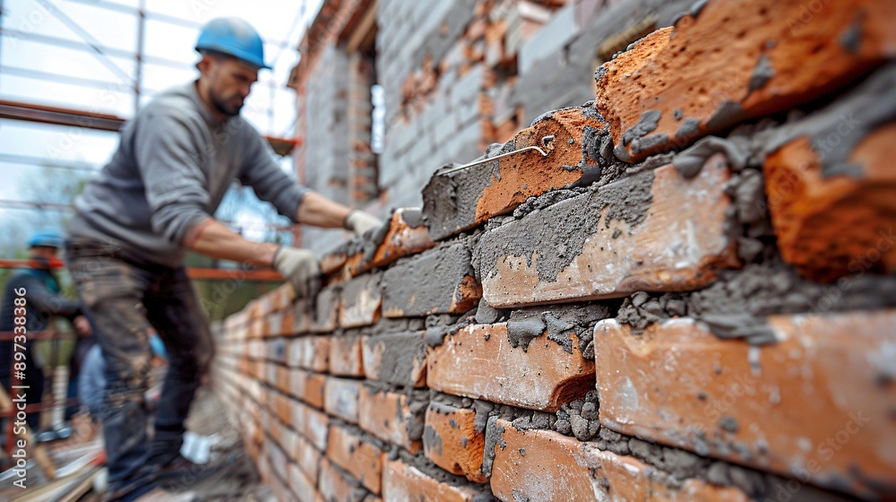 A construction worker in a blue hardhat lays red bricks on a wall, carefully applying mortar A construction worker in a blue hardhat lays red bricks on a wall, carefully applying mortar