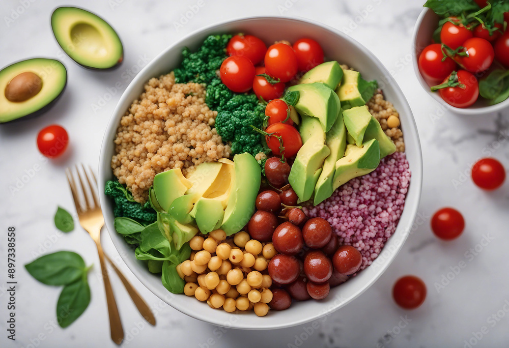 A colorful vegan Buddha bowl with quinoa, chickpeas, avocado, spinach, and cherry tomatoes on white background
A colorful vegan Buddha bowl with quinoa, chickpeas, avocado, spinach, and cherry tomatoes on white background