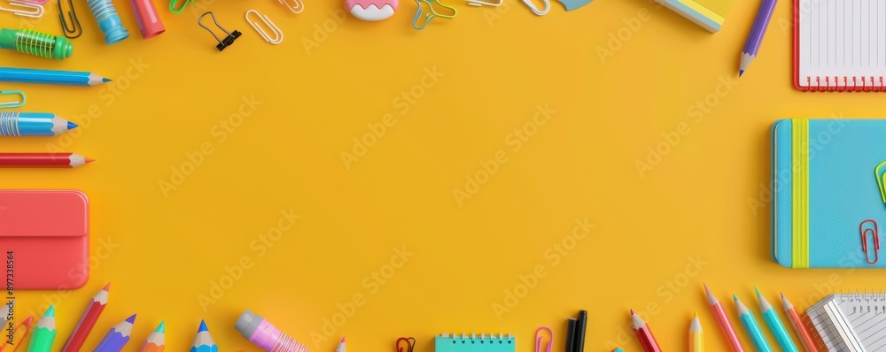 Colorful School Supplies Arranged on Yellow Background Colorful School Supplies Arranged on Yellow Background