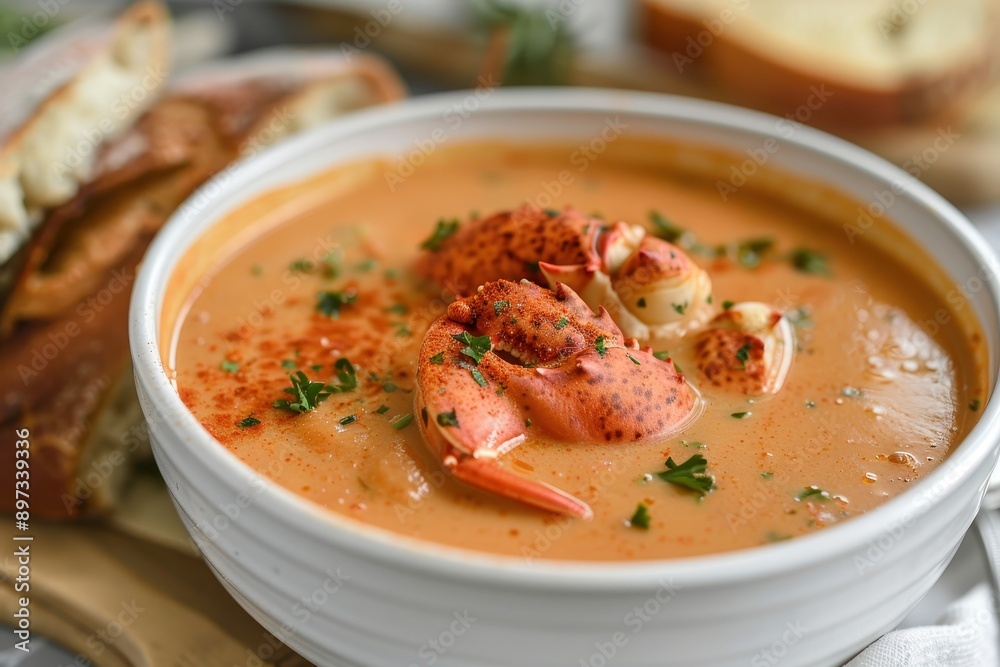 A dish of lobster bisque, rich and creamy, garnished with a sprinkle of paprika and served with a slice of crusty bread. A dish of lobster bisque, rich and creamy, garnished with a sprinkle of paprika and served with a slice of crusty bread.
