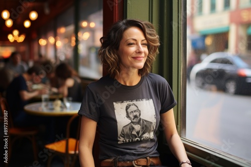 Portrait of a blissful woman in her 40s sporting a vintage band t-shirt isolated in bustling city cafe