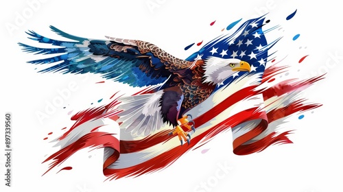 Displaying vibrant colors, this patriotic design of an intertwined eagle and American flag is a digital illustration set against a white background. photo