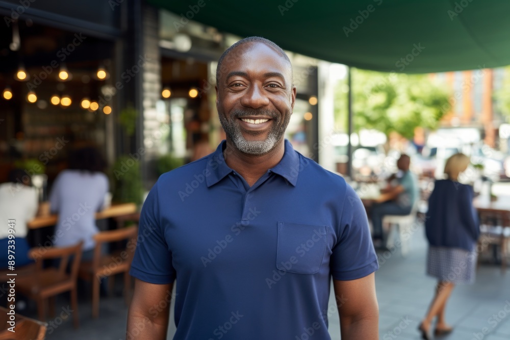 Portrait of a happy afro-american man in his 40s wearing a breathable golf polo in front of bustling city cafe Portrait of a happy afro-american man in his 40s wearing a breathable golf polo in front of bustling city cafe