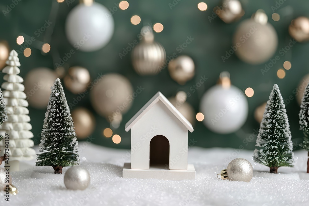 A Christmas postcard mockup concept showcasing a cozy design with Christmas trees, ornaments, and a warm holiday message, banner, with copy space