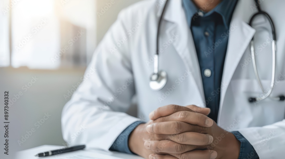 A doctor advising a patient in a thoughtful conversation with natural lighting in an office, banner, with copy space A doctor advising a patient in a thoughtful conversation with natural lighting in an office, banner, with copy space