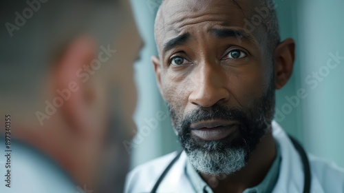 A doctor advising a patient in a thoughtful conversation with natural lighting in an office, banner, with copy space