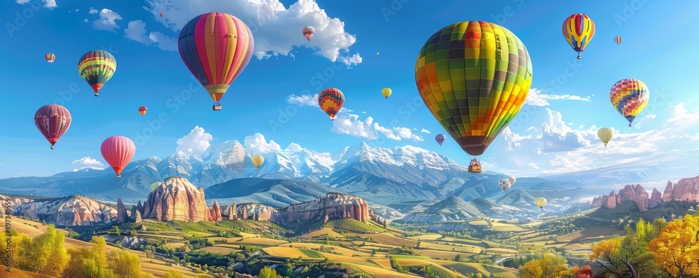 Fototapeta premium Colorful hot air balloons floating above a patchwork landscape, 4K hyperrealistic photo