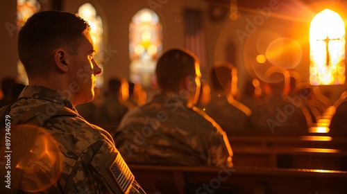 A soldier in full uniform attends a church service. He sits in the pews while other people are also present