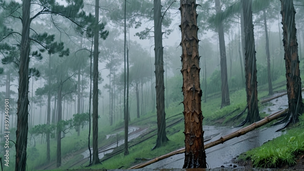 Rainy forest slope in fog Rainy forest slope in fog