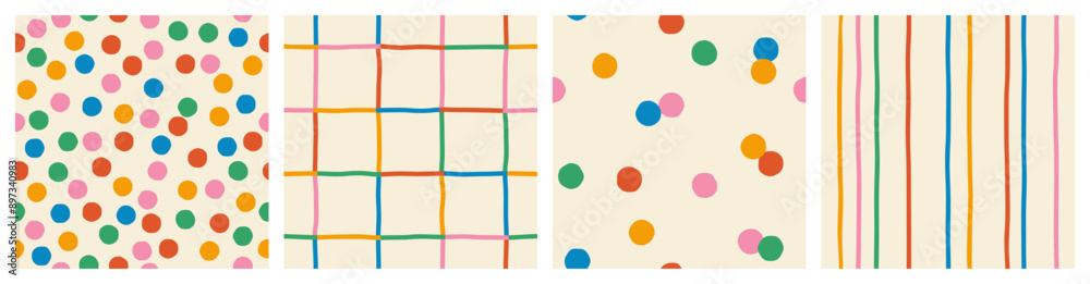 Set of cute seamless patterns of multicolored curved checkered lines and confetti, polka dots, striped pattern on a light background, hand drawn illustration