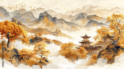 A traditional Chinese painting depicting a majestic mountain landscape with a pagoda nestled amongst golden trees and white clouds