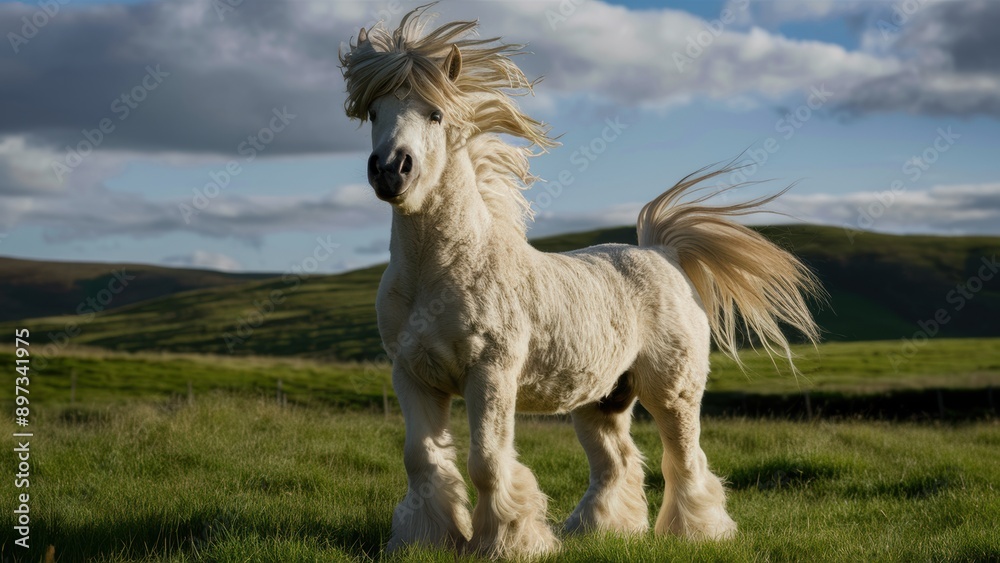 Obraz premium A white horse standing in a field with grass and trees, AI