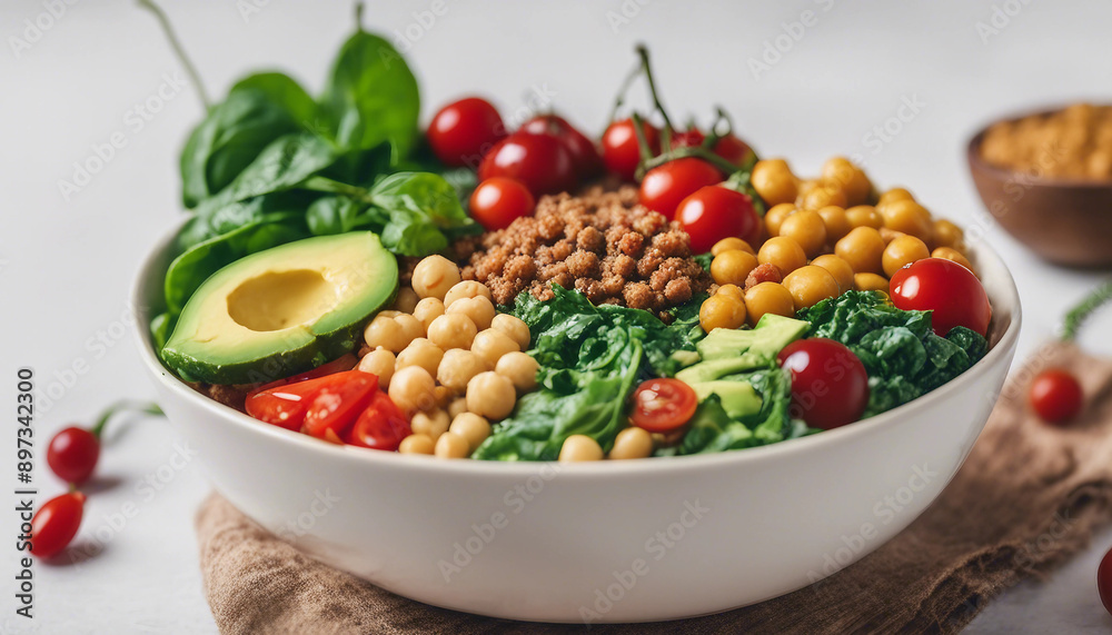A colorful vegan Buddha bowl with quinoa, chickpeas, avocado, spinach, and cherry tomatoes on white background
A colorful vegan Buddha bowl with quinoa, chickpeas, avocado, spinach, and cherry tomatoes on white background