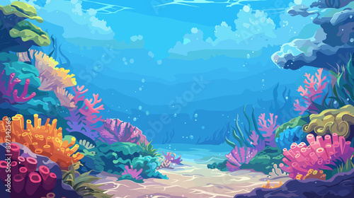 Underwater tropical coral reef vector cartoon illustration anime background copy space