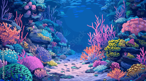 Underwater tropical coral reef vector cartoon illustration background copy space