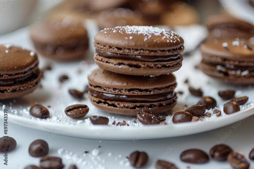 Two chocolate macarons with chocolate filling stacked on top of each other on white plate with coffee beans scattered around Two chocolate macarons with chocolate filling stacked on top of each other on white plate with coffee beans scattered around