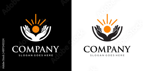 logo of hand holding sun light icon vector