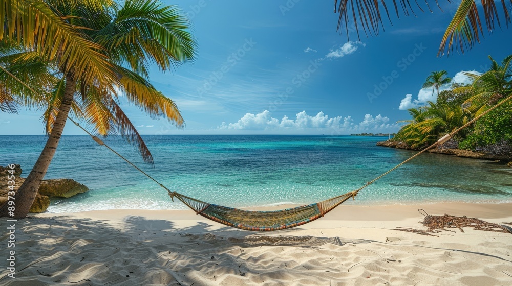 Fototapeta premium Tranquil Tropical Paradise: Hammock on a Secluded Beach with Turquoise Waters