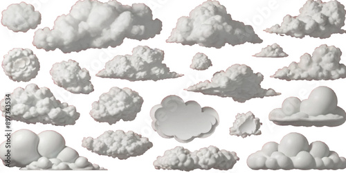 Set of vector clouds or smoke on an isolated transparent background. Vector realistic white soft cutout clean cumulus cloudscape cut out specials fog on transparent background.
