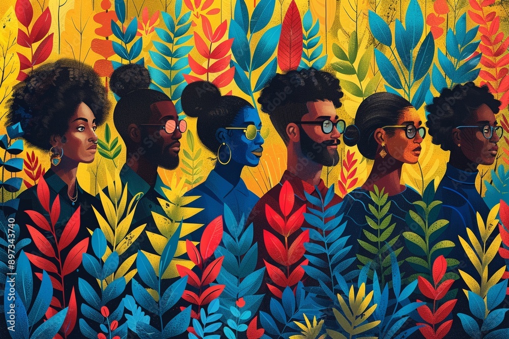 Fototapeta premium A community gathering using digital tools to promote sustainability Collaborative Illustration Warm colors Engaging