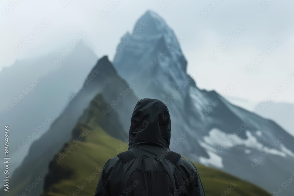 A traveler gazing at a majestic mountain view, with towering peaks and a serene landscape, banner, with copy space A traveler gazing at a majestic mountain view, with towering peaks and a serene landscape, banner, with copy space