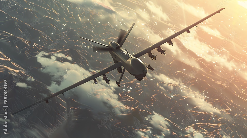 Naklejka premium Military Drone Flying Through Clouds