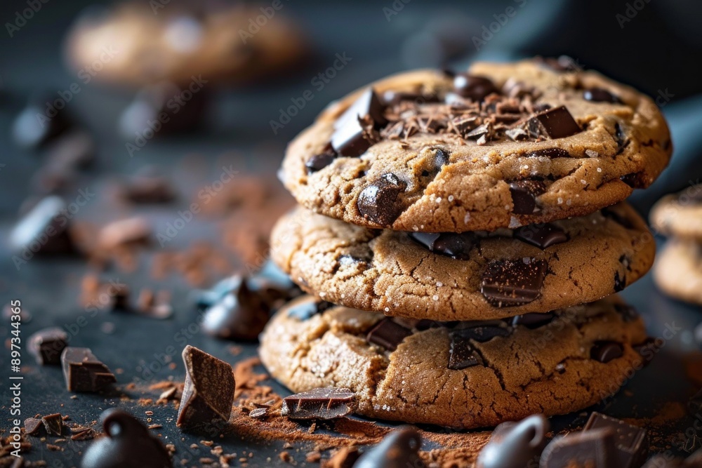 Three chocolate chips cookies are stacked on top of each other, with chocolate chunks and cocoa powder sprinkled around