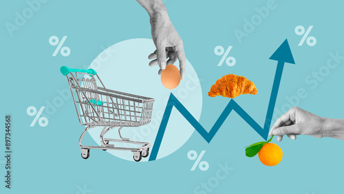 Inflation as Food price increase cause. Collage with shopping trolley and goods on the arrow of the inflation graph. Percentages of season discounts
