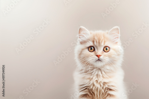 A fluffy kitten with light orange fur and big round eyes, staring directly at the camera against a soft beige background. © NaphakStudio