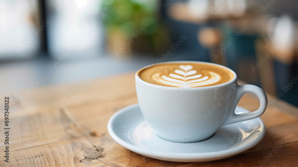 A beautifully presented cappuccino in a white cup, showcasing intricate latte art, on a wooden table in a cozy cafe. A beautifully presented cappuccino in a white cup, showcasing intricate latte art, on a wooden table in a cozy cafe.