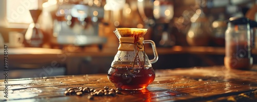 Filtered Arabica coffee in a glass carafe, rich fragrance, brewing perfection photo