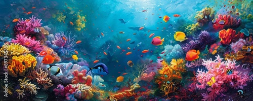 A vibrant coral reef teeming with colorful fish.