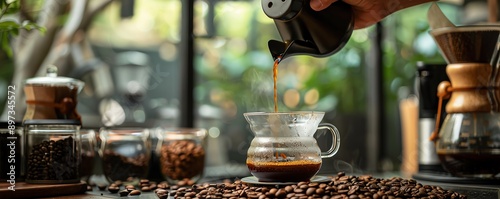 Hand holding a pourover coffee maker with Arabica coffee, aromatic fragrance, brewing method photo