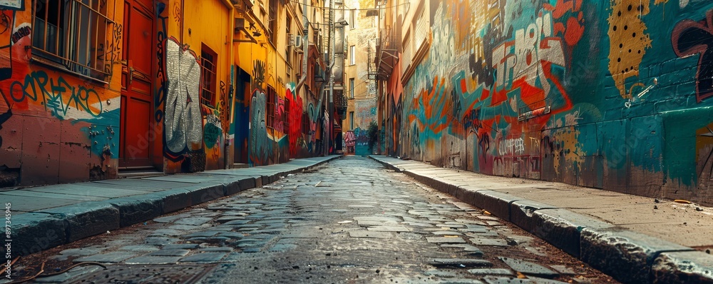 Fototapeta premium Enigmatic alleyway adorned with colorful murals, 4K hyperrealistic photo