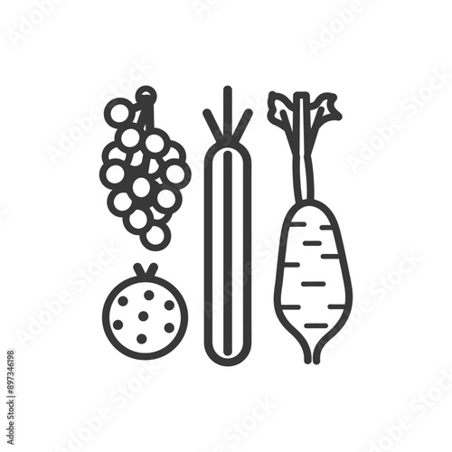 Line art illustration of grapes celery carrot and tomato