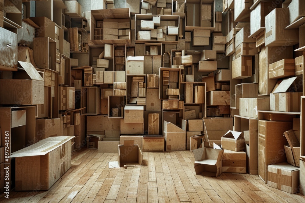 A cluttered room filled with cardboard boxes A cluttered room filled with cardboard boxes