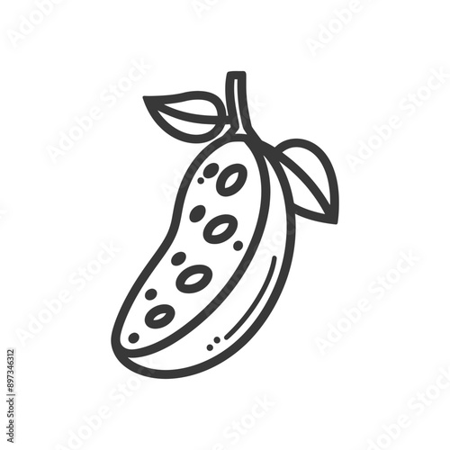 Line drawing of a halved avocado with a pit and leaves