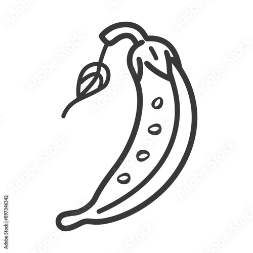 Line drawing of a single pea pod with peas