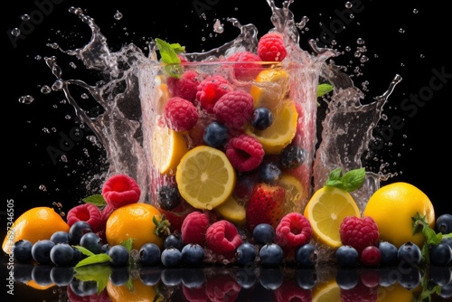 Blender blending mixed fruits, splashing liquid, and scattering colorful ingredients