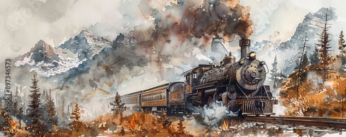 A watercolor painting of a vintage steam locomotive chugging along a mountain track, its plume of smoke trailing behind it, reminiscent of a bygone era of transportation. photo