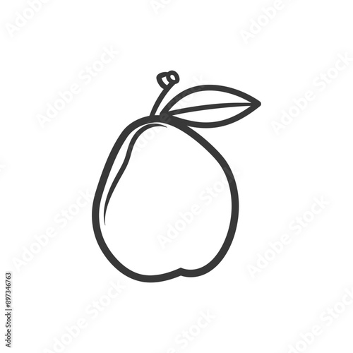 Hand drawn outline illustration of a single guava with a leaf