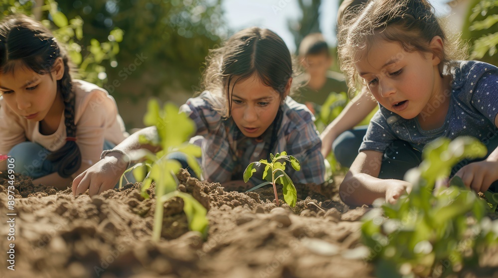 A group of young students planting vegetables in the soil of the school garden, learning about sustainability and climate change. Emotion and collaboration in detailed. A group of young students planting vegetables in the soil of the school garden, learning about sustainability and climate change. Emotion and collaboration in detailed.