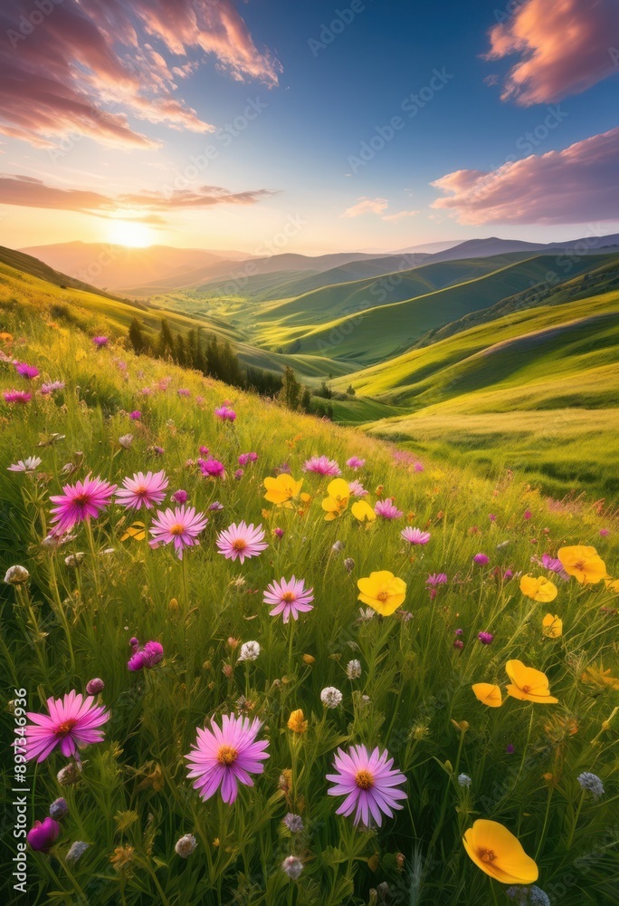 Fototapeta premium vivid blooms enhancing tranquil landscapes colorful flora serene scenery nature, flowers, petals, gardens, greenery, sunlight, beauty, vibrant, plants