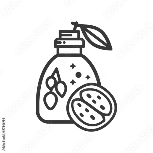 A bottle of oil with a leaf olives and a walnut