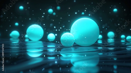 Luminous spheres floating over a reflective surface with sparkling particles, creating a sense of wonder and magic in an abstract background